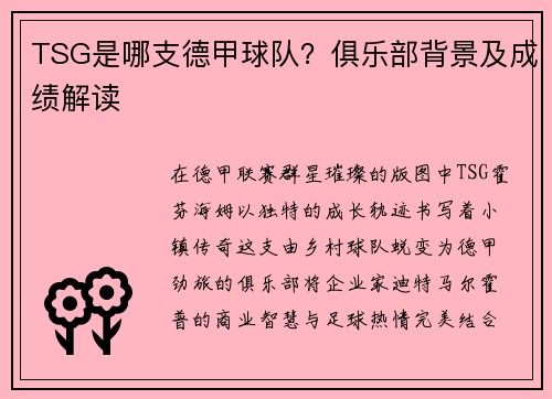 TSG是哪支德甲球队？俱乐部背景及成绩解读