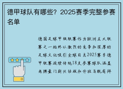 德甲球队有哪些？2025赛季完整参赛名单