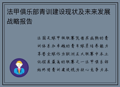 法甲俱乐部青训建设现状及未来发展战略报告